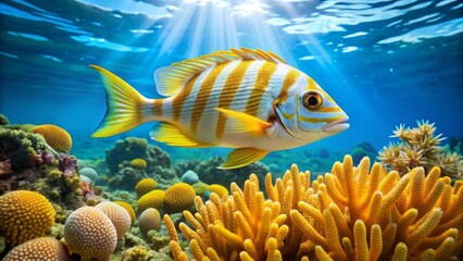 Wall Mural - Vibrant yellow and white striped fish swims solo in calm turquoise water surrounded by coral reef and seaweed in sunlight.