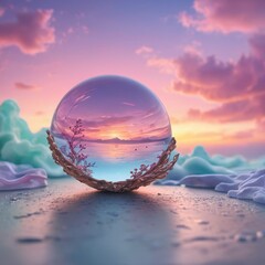 Wall Mural - Crystal Ball Reflecting Sunset Over Mountains and Sea.