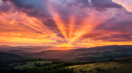 Wall Mural - Golden rays breaking through a vibrant sunrise over rolling hills, a mix of orange and pink clouds illuminating the sky