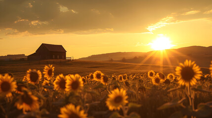 Wall Mural - Golden summer sunset over a sunflower field, gentle hills in the distance, and a rustic barn in the foreground