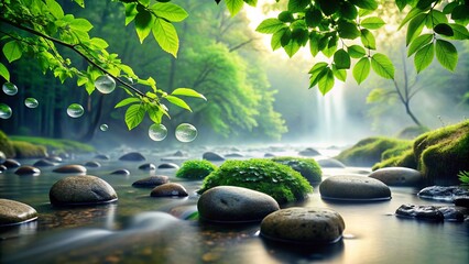 Wall Mural - Sparkling droplets of fresh water glisten on verdant leaves and smooth river rocks, surrounded by lush greenery and misty atmosphere.