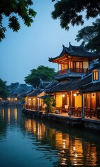 Poster - Traditional Chinese Architecture Reflected in Water at Dusk.