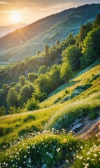 Poster - Sunrise over Green Hills and Meadow