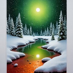 Wall Mural - Winter Wonderland With Frozen River And Snow Covered Trees.