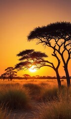 Wall Mural - African Sunset with Silhouetted Trees.