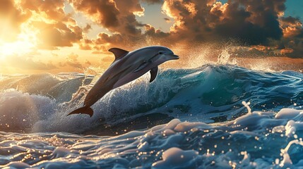 Canvas Print - Dolphin jumping over ocean waves at sunset 