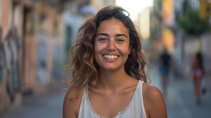 Wall Mural - Portrait of a young woman smiling in an urban street setting, showcasing natural beauty and casual style in a vibrant city.