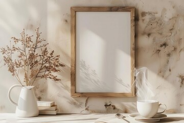 Wall Mural - minimalist home office with a rustic wooden picture frame hanging on a textured beige wall accompanied by a sleek vase of dried flowers and a steaming coffee cup