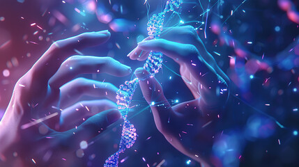 Wall Mural - close up of human hand touching DNA structure