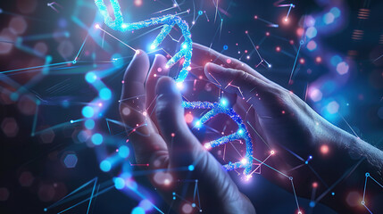 Wall Mural - close up of human hand touching DNA structure