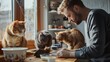 © Emilio - Male cat sitter taking care of three cats and one kitten. House sitting and feline professional care service. Furry friends, domestic animal pets photo