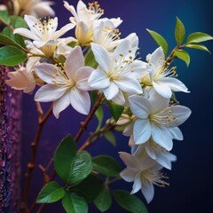 Canvas Print - White Flowers with Green Leaves on a Blue Background.