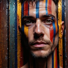 Poster - Portrait of a Man with Colorful Stripes Painted on His Face.