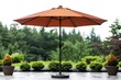 © Micro - A black-based patio umbrella providing shade for outdoor seating area.