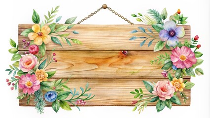 Wall Mural - Rustic wooden signboard with elegant watercolor floral design and subtle texture, perfect for summer or outdoor-themed advertising materials.