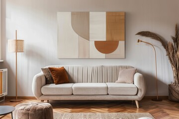 Wall Mural - Minimalist Living Room with Beige Sofa and Abstract Artwork