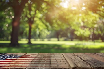 Wall Mural - flag resting on a wooden table in a quiet park surrounded by trees