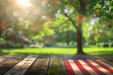 Wall Mural - serene park scene featuring a wooden table and a flag on top