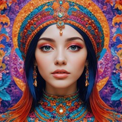 Poster - Portrait of a Woman in a Colorful Headpiece.