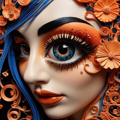 Wall Mural - Woman with Blue Hair and Orange Flowers