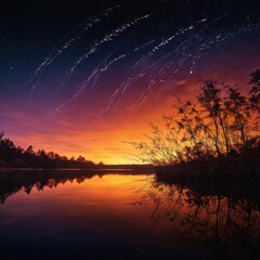 Poster - Sunset over Lake with Shooting Stars.