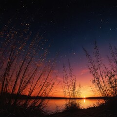 Poster - Sunset Over Lake With Stars and Grass Silhouettes.