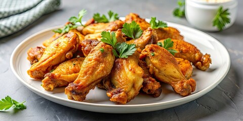 Wall Mural - Delicious golden air fryer chicken wings served on a white plate , crispy, appetizer, meal, snack, food photography, chicken