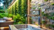 © DigitalArt Max - Sleek modern faucet with gentle water flow against lush greenery and natural stone wall creates serene ambiance in upscale bathroom.