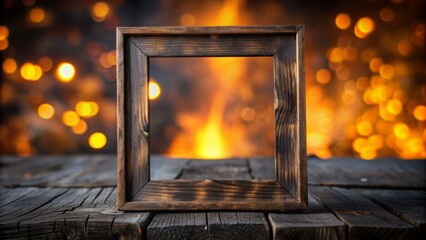 Wall Mural - Rustic wooden frame with charred, blackened edges and cracks, surrounded by subtle warm glow against dark, blurred background.