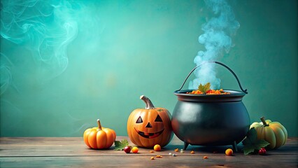 Whimsical Halloween potion scene with a cute witch's cauldron on a pastel blue background , Halloween, potion, witch