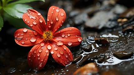 Poster - A red flower in a puddle with water droplets nearby  