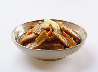 Canvas Print - Close-up of Stir fried Fish Cake with carrot and onion on a dish, South Korea
