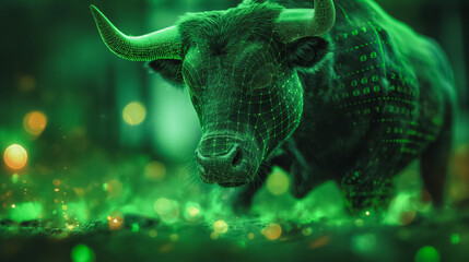 Wall Mural - A bull with a green face and horns is walking through a forest