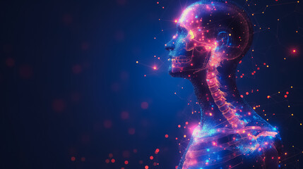Poster - A person's head is shown in a blue background with a lot of dots