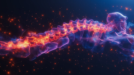 Poster - A glowing, colorful, and twisted spine with a blue and orange glow