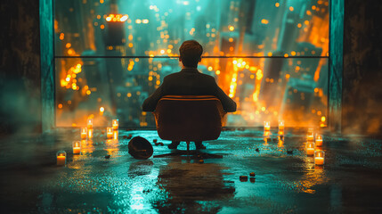 Wall Mural - A man is sitting in a chair in front of a window with a city view