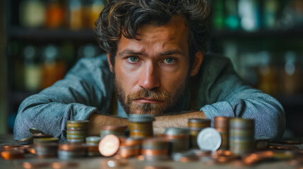 Sticker - A man is sitting on a table with a pile of coins in front of him