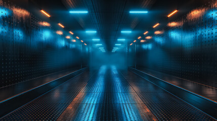 Poster - a dark tunnel with blue lights and orange lights