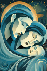 Wall Mural - Mary and Joseph holding baby Jesus.  In primarily blue tones. AI generative.