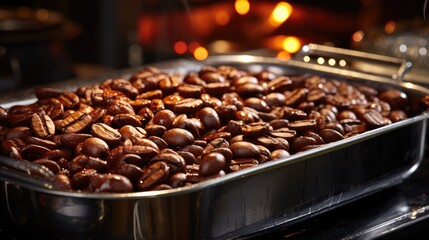 Sticker - A roasting pan filled with coffee beans. Perfect for illustrating the coffee roasting process and the aroma of freshly roasted coffee. 