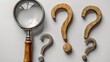 © ProVector - Vintage magnifying glass is lying near wooden and metallic question marks on a white surface