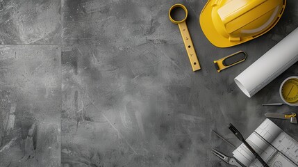 Architectural Design Tools and Yellow Hardhat on Grey Background.