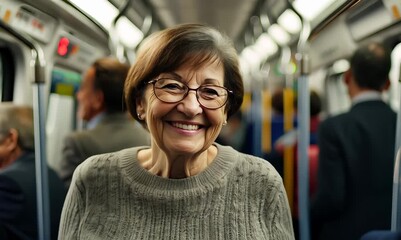 Canvas Print - Medium shot portrait video of a pleased woman in her 50s that is wearing a cozy sweater against a packed subway car during a rush hour background