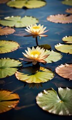 Poster - Water Lily Flowers in Bloom on a Pond Surface.