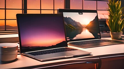 Aufkleber - Two Laptops with Nature Backgrounds on a Desk