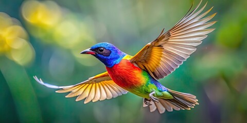 Wall Mural - Vibrant close-up of a colorful bird in flight against a bright sky , bird, feathers, spread, colorful, vibrant, in flight, wings