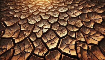 Wall Mural - Cracked Earth Abstract Pattern, Dry Soil Texture in Golden Light.