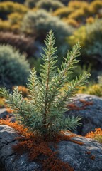 Canvas Print - Green Plant Growing On a Rocky Surface.