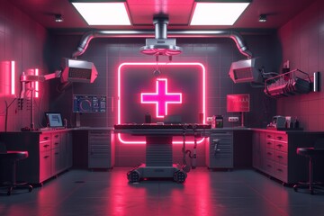 Poster - High tech medical lab with neon lighting perfect for advanced healthcare and technology themes showcasing modern design and innovation