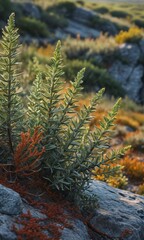 Canvas Print - Green Plant Growing on a Rocky Surface.